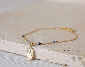 Moon bracelet - steel pendant and lapis lazuli beads
