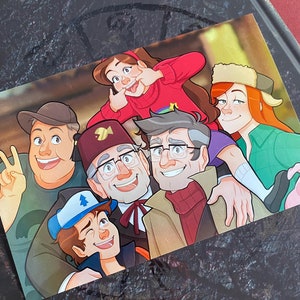 May include: A colorful illustration featuring a group of cartoon characters, including a girl in a red sweater, a man in a brown hat, and a man in a blue hat. The characters are smiling and posing for a photo. The image is on a dark, textured surface.