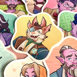 Könnte beinhalten: Eine Sammlung farbenfroher Charakteraufkleber mit Fantasy-Illustrationen. Die Aufkleber zeigen verschiedene humanoide Figuren mit einzigartigen Merkmalen, darunter spitze Ohren, Hüte und detaillierte Kleidung. Die Farbpalette umfasst Blau-, Braun- und Rosatöne.