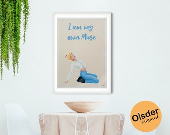 Motivational Art Poster | I am my own muse | woman illustration | A4 wall art | blue