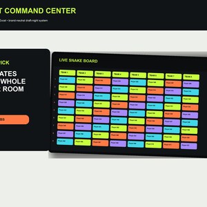 May include: A digital draft command center interface featuring a dark background with neon green text. The layout includes a sidebar labeled ONE PICK and a main grid titled LIVE SNAKE BOARD, displaying rows of colorful player slots across eight teams.