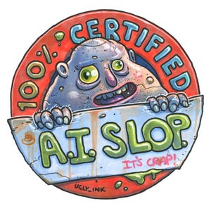 May include: A cartoon illustration of a grotesque creature peeking over a sign that reads "A.I. SLOP". The creature is inside a red circle with the words "100% CERTIFIED" in blue. The sign also says "IT'S CRAP!"