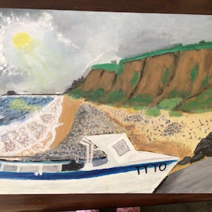 East Runton w kierunku molo Cromer, obraz akrylowy.