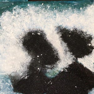 May include: Abstract painting with white paint splattered on a black background. The white paint creates a swirling, cloud-like effect.