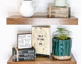 Good morning gorgeous sign, Farmhouse bathroom decor, mini wood book stack, bathroom shelf decor, mini bathroom sign, neutral bathroom decor