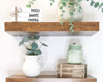 Hello sweet cheeks sign, Farmhouse bathroom decor, mini wood book stack, bathroom shelf decor, mini bathroom sign, neutral bathroom decor