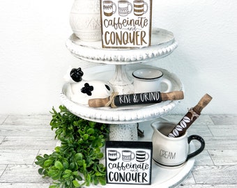 Caffeinate and conquer, Coffee bar decor, coffee tiered tray decor, farmhouse home decor, coffee lover gift, mini coffee bar sign, mom gift