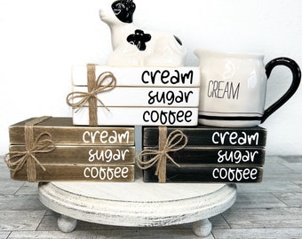 Cream sugar coffee book stack, Farmhouse kitchen decor, mini wood book stack, mini coffee sign, neutral coffee bar decor, coffee lover gift,