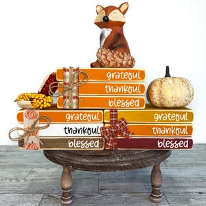 Farmhouse fall decor, autumn shelf sitter, fall tiered tray, November home decor, Mini book stack for fall, grateful thankful blessed,