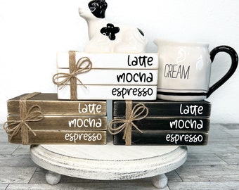 Latte mocha espresso sign, Farmhouse kitchen decor, mini wood book stack, mini coffee sign, neutral coffee bar decor, coffee lover gift,