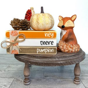 Fall tiered tray, November home decor, mini book stack, hey there pumpkin, hostess gift, farmhouse fall decor, autumn shelf sitter