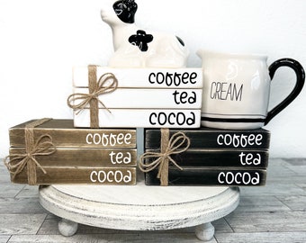 Coffee tea cocoa book stack, Farmhouse kitchen decor, mini wood book stack, mini coffee sign, neutral coffee bar decor, coffee lover gift,