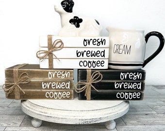 Fresh brewed coffee bookstack, Farmhouse kitchen decor, mini wood book stack, mini coffee sign, neutral coffee bar decor, coffee lover gift,