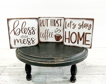 Mini wood sign, farmhouse tiered tray decor, neutral home decor, birthday gift for wife, bless this mess, but first coffee, lets stay home