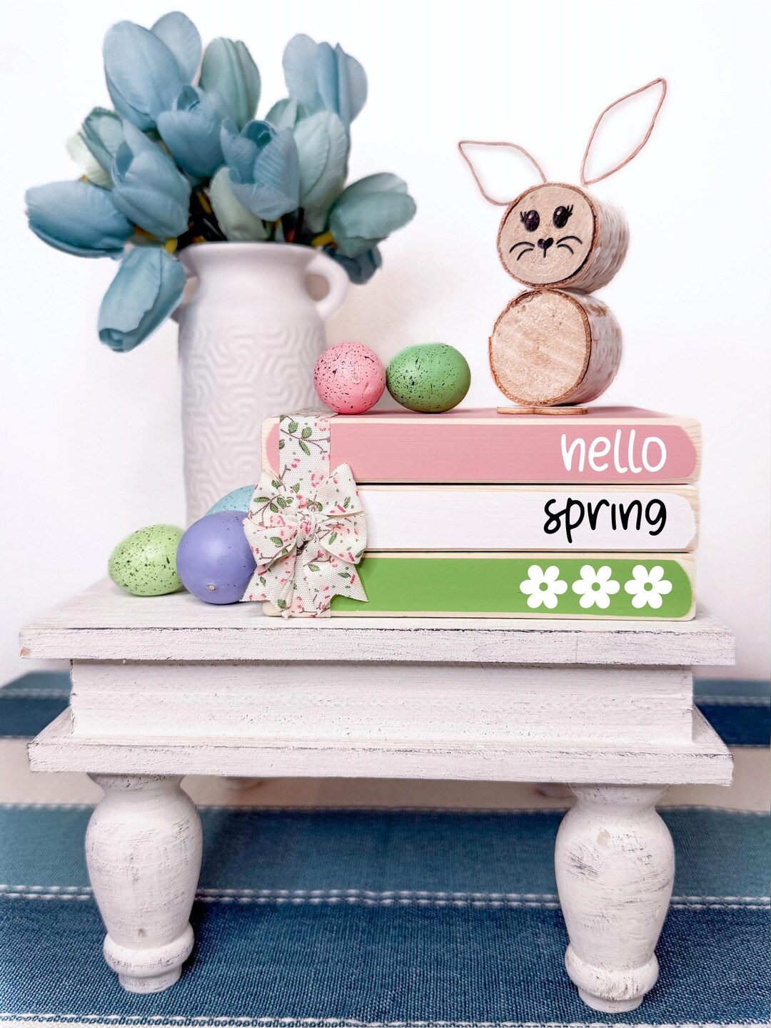 Spring Colored Book Stack Hello Spring Mini Wooden Book Stack for Spring, Farmhouse Tiered Tray ...
