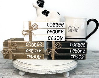 Coffee before chaos bookstack, Farmhouse kitchen decor, mini wood book stack, mini coffee sign, neutral coffee bar decor, coffee lover gift,