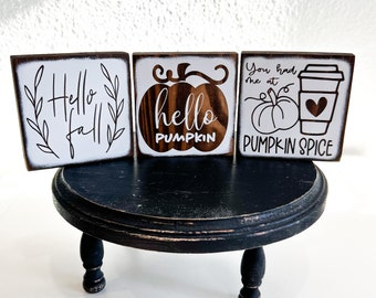 Fall tiered tray decor, pumpkin spice sign, hello fall decor, hello pumpkin sign, farmhouse fall decor, November birthday gift, autumn sign