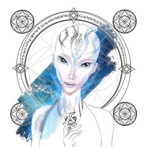 May include: A colouring page depicting an alien-like figure with light blue skin and detailed markings. The image is framed by geometric shapes and text. A row of coloured pencils is at the bottom. The figure has a serene expression.