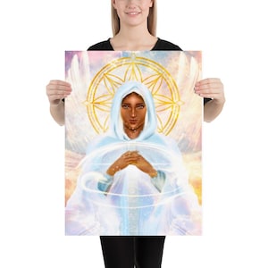 May include: A digital painting of a woman with dark skin, wearing a white robe and a halo. She has her hands clasped in front of her, and she is surrounded by a golden aura. The background is a soft, pastel pink and blue.