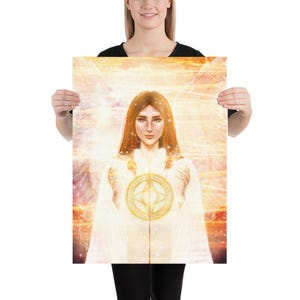 May include: A woman with long, flowing red hair is depicted in a white robe, holding a golden orb with a star-shaped design. The background is a soft, glowing orange and yellow, with a faint suggestion of wings behind her.