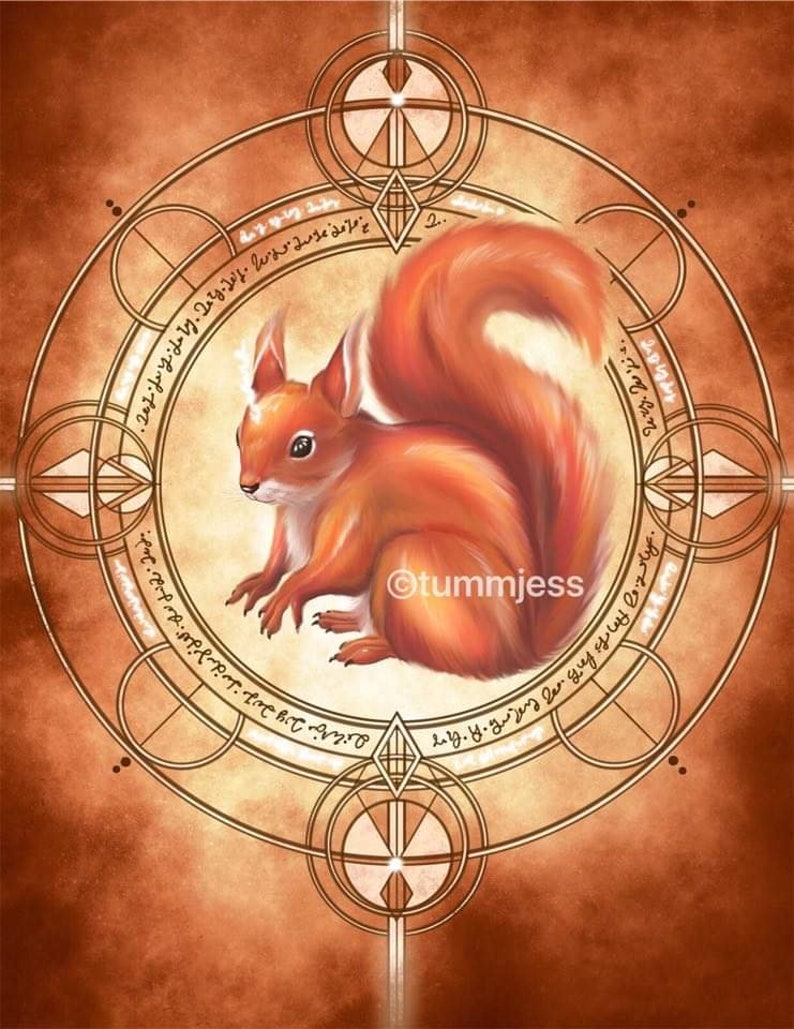 May include: A red squirrel with a white belly is sitting inside a gold geometric circle on a brown background. The circle has a design of overlapping circles and triangles.