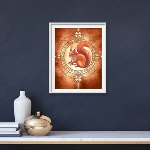 May include: A digital illustration of a red squirrel sitting inside a golden geometric circle on a brown background.
