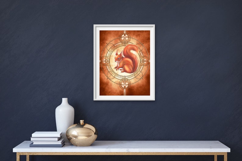 May include: A digital illustration of a red squirrel sitting inside a golden geometric circle on a brown background.