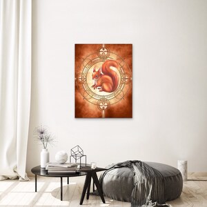 May include: A red squirrel sits inside a golden circle with intricate designs on a brown background.