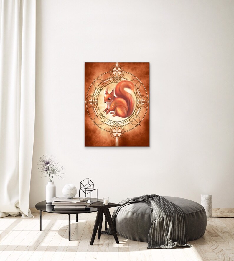May include: A red squirrel sits inside a golden circle with intricate designs on a brown background.