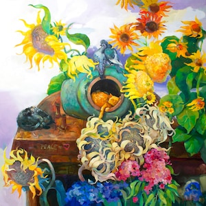 May include: A still life painting featuring a blue ceramic pot with a cat sleeping inside. The pot is surrounded by sunflowers, some in bloom and others wilted. The painting also includes a wooden table with the words "Peace = ♥" written on it.