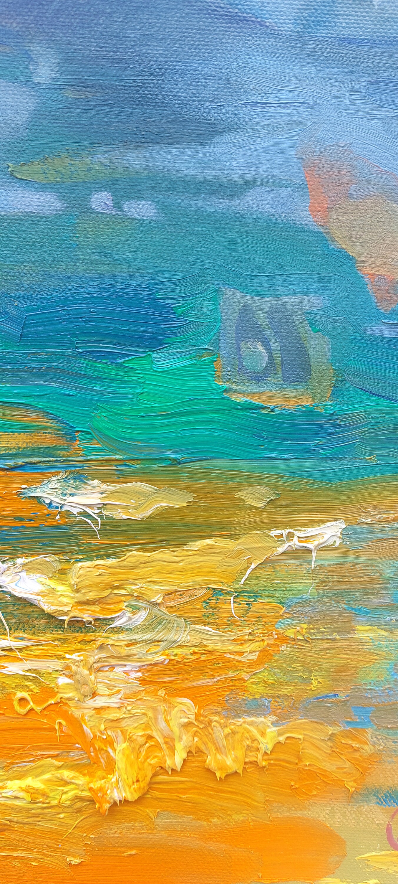 オリジナル油絵 オレンジ色の夕べ 2隻の船 海 スペイン キャンバス絵画 