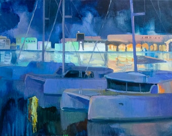 Night Life Original Seascape Oil Painting Yachts Lights Impressionistic Art Port Valencia Spain by Ukranian Artist Anastasiia Grygorieva