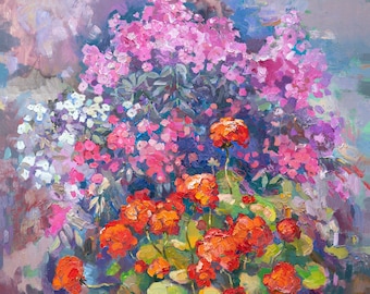 Original florales Ölgemälde auf Leinwand: Impressionistische Blumenbeetkunst