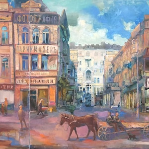 大きなオリジナル絵画 二連画 古いレトロ都市 キエフ 馬 犬 子供 広告建物 フレシチャーティク ウクライナ アート アナスタシア グリゴリエワ