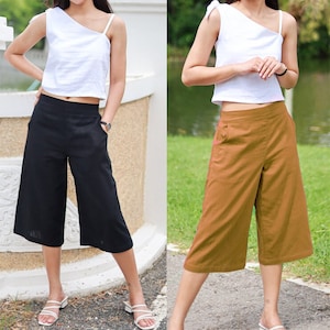 Upcycled Wide Leg Gaucho Pants With Fold Over Waist Band / Great for  Maternity / Culottes / Palazzo / Plus Size Pants / Made in USA 