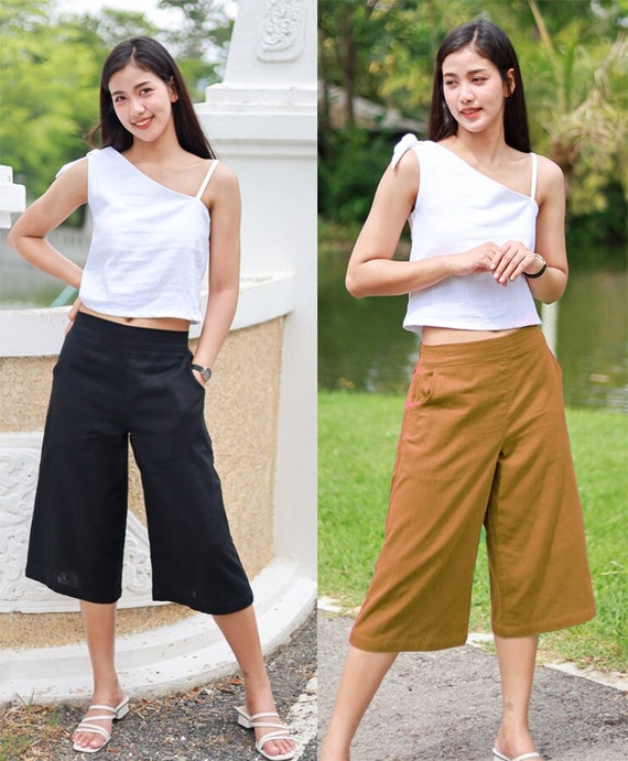 Upcycled Wide Leg Gaucho Pants With Fold Over Waist Band / Great