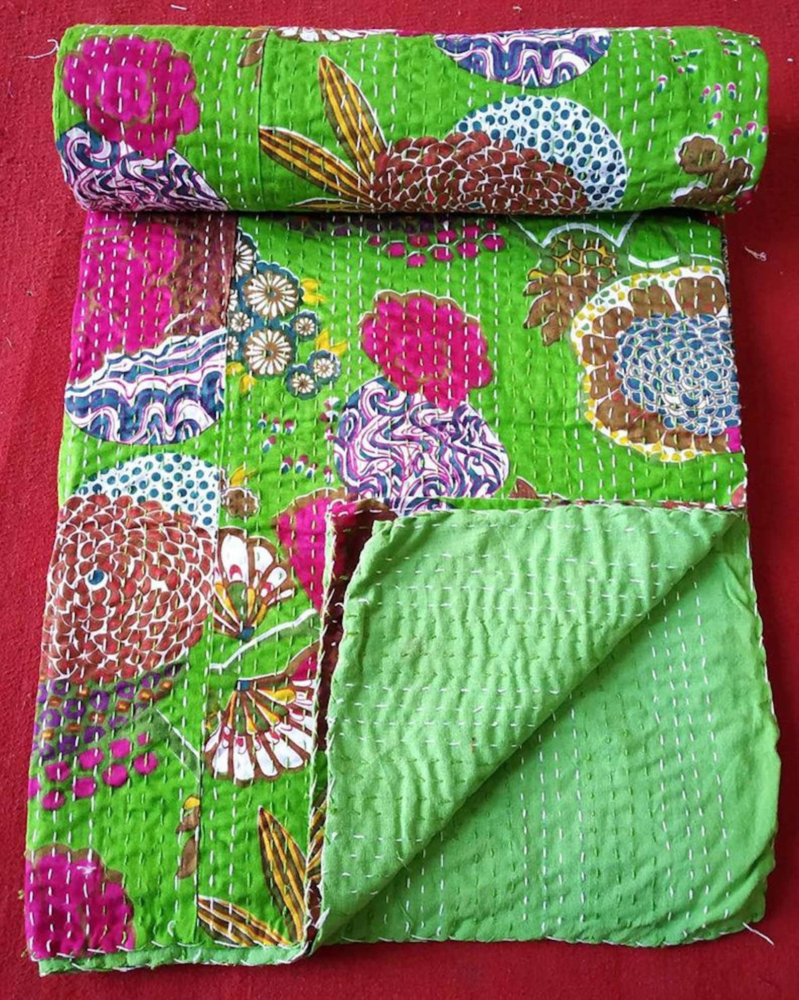 Green Kantha Quilt King Size Hand Stitch Kantha Quilt Cotton Etsy