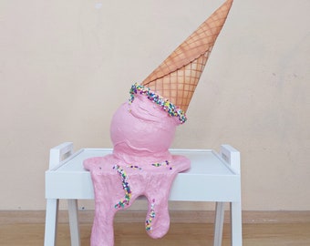 31" Fake ice cream cone, faux melted ice cream, vitrine decor, ice cream sculpture, giant sweets party decoration, front window decor.