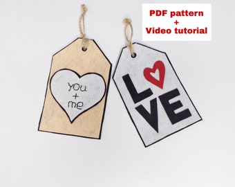 Felt Valentine tag PDF pattern, door hanger for Valentine day, Valentine ornament, video tutorial