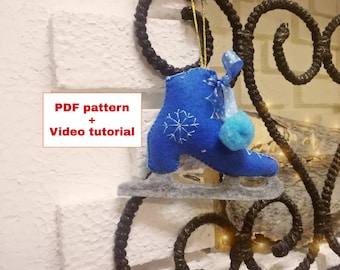 Christmas felt ice skates ornament, vintage skates PDF pattern, video tutorial, Christmas tree decoration, felt Christmas decorations