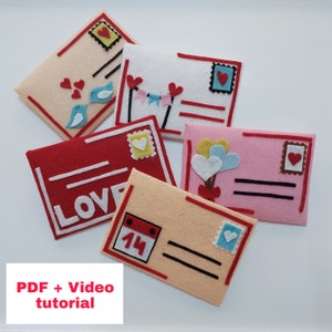 Carta de San Valentín en fieltro sin coser, tutorial en vídeo con patrón en PDF, decoración del hogar para San Valentín, sobre de fieltro, correo de fieltro