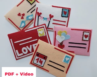 Non sewing Felt Valentine letter, PDF pattern video tutorial,  Valentine home decoration,  felt envelope, felt mail