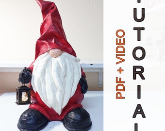 Gnome with lantern tutorial Christmas Gnome sculpture diy paper mache art red Gnome