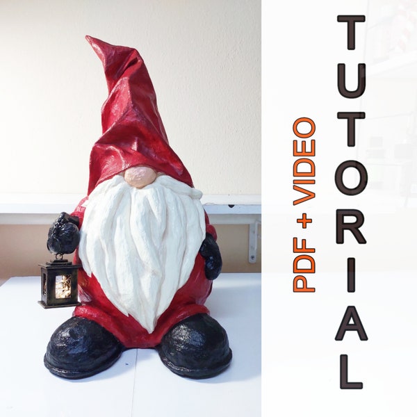 Gnome with lantern tutorial Christmas Gnome sculpture diy paper mache art red Gnome