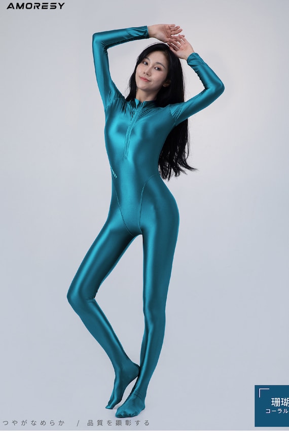 AMORESY Shiny Glossy Satin Spandex Silk Full Body Swimsuit Catsuit