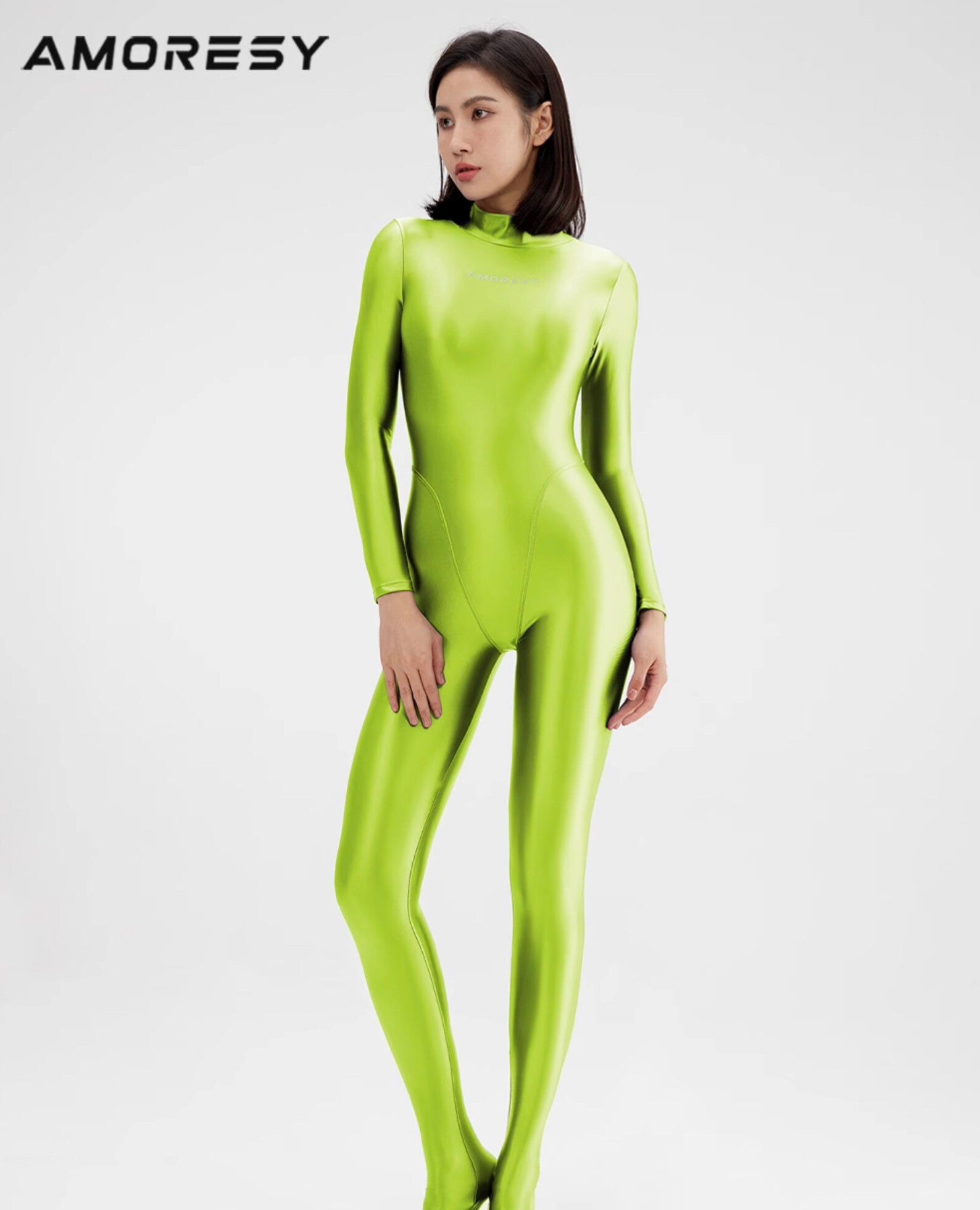 AMORESY Shiny Glossy Satin Spandex Silk Full Body Swimsuit Catsuit Back Zipper Suit Wet Suit