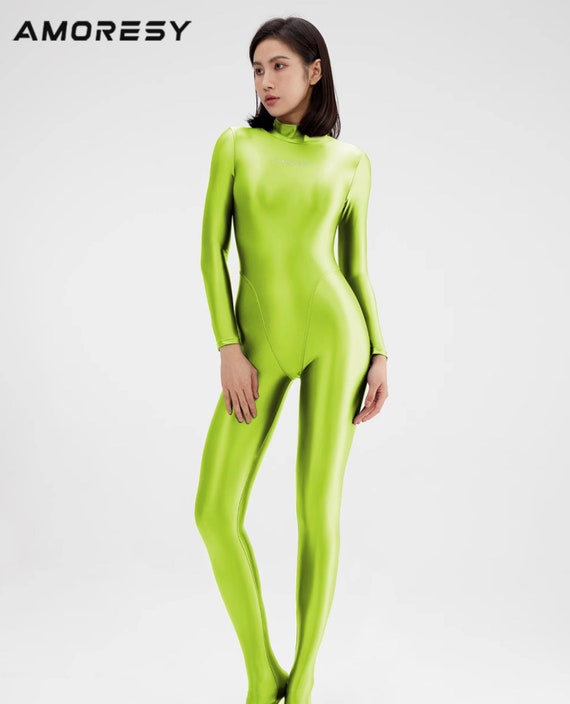 AMORESY Shiny Glossy Satin Spandex Silk Full Body Swimsuit Catsuit