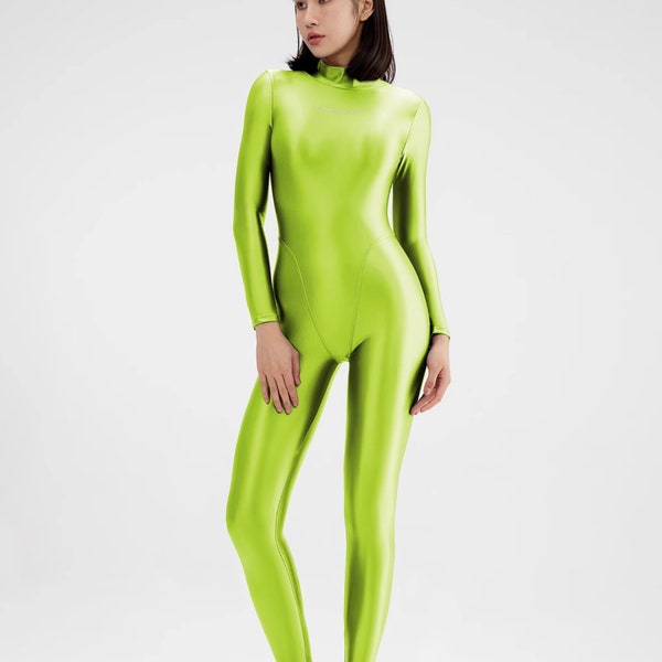 AMORESY Shiny glossy Satin Spandex Silk full body swimsuit Catsuit back zipper Suit Wet suit Zentai Bodysuit unisex Woman