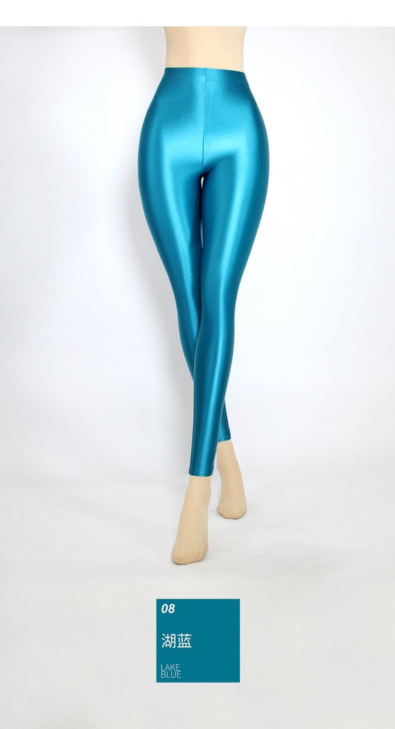 Women Open Crotch Satin Glossy Leggings Shiny Slim Pants High