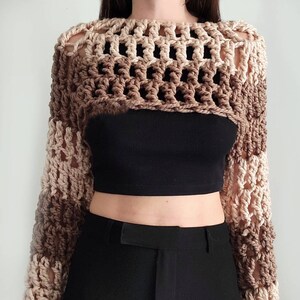 Oversized hand knit chunky shrug in brown and beige crochet handmade wool blend bolero, women's knitwear, mesh winter layer thick crop top image 2